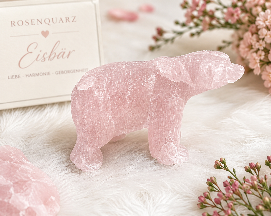 Eisbär aus Rosenquarz – Handgeschnitzte Edelsteinfigur | 80×50×30 mm