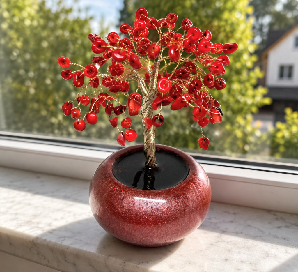 Koralle Glücksbäumchen – Edelsteinbaum aus echter roter Koralle | Handarbeit