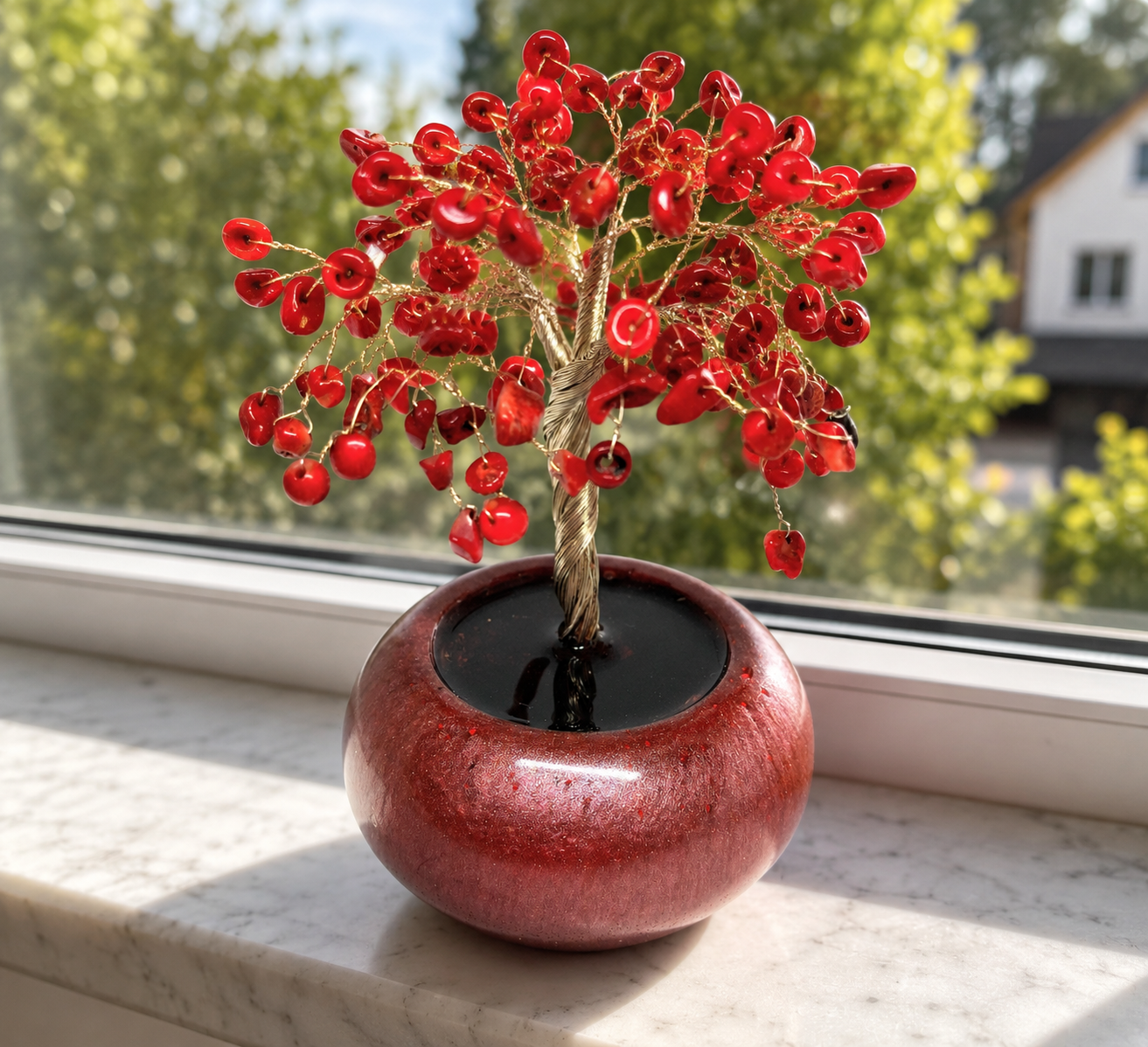 Koralle Glücksbäumchen – Edelsteinbaum aus echter roter Koralle | Handarbeit