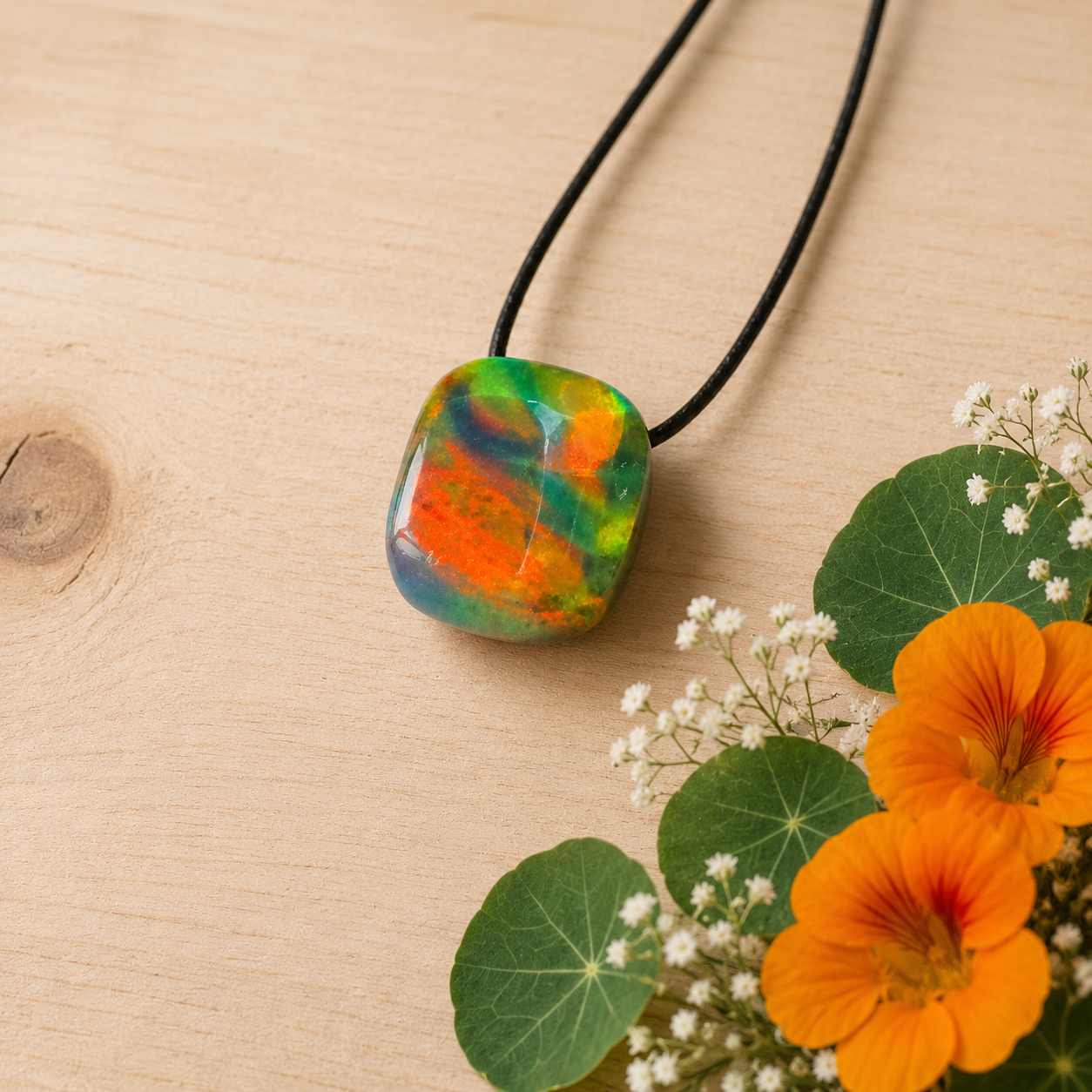 Aurora Opal Anhänger – Synthetisch, Freeform, Grün-Orange, handgeschliffen