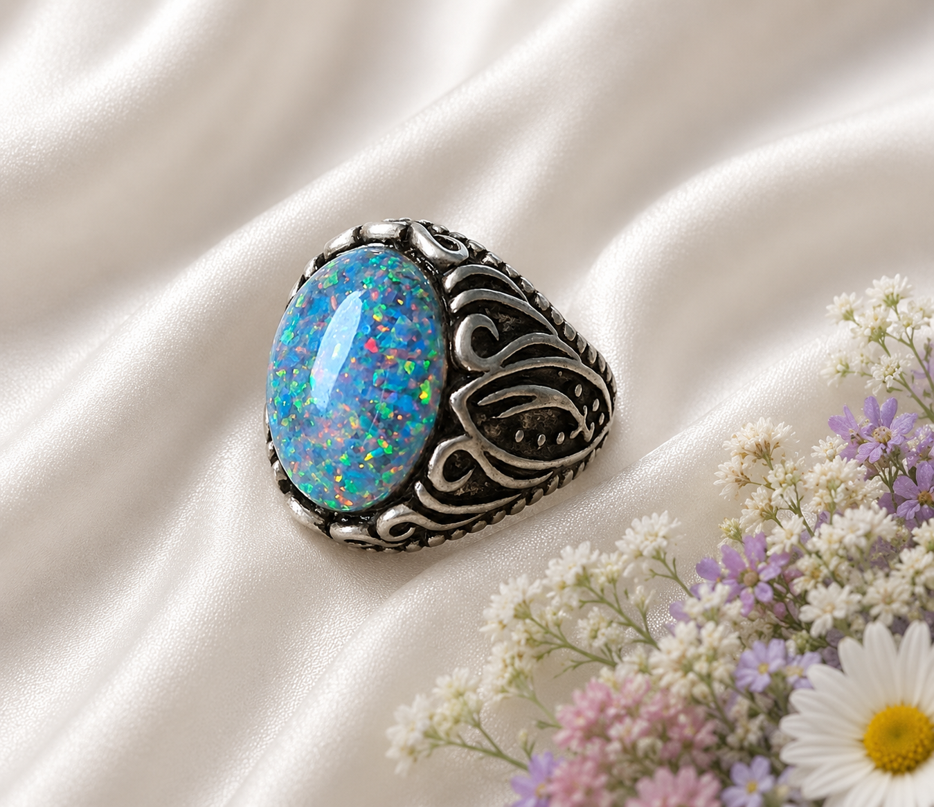 Elfenring mit Regenbogenopal – Verziert & Verstellbar