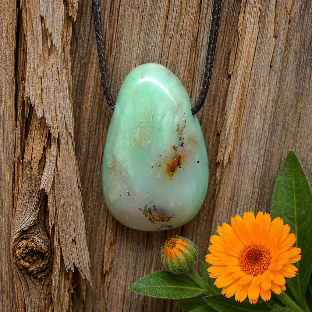 Chrysopras Anhänger mit schwarzem Band – Grüner Edelstein, 3 cm, Unikat