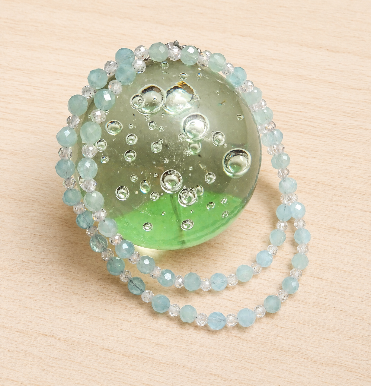 Aquamarin & Zirkon Kette – facettiert, 48 cm, deutsche Handarbeit