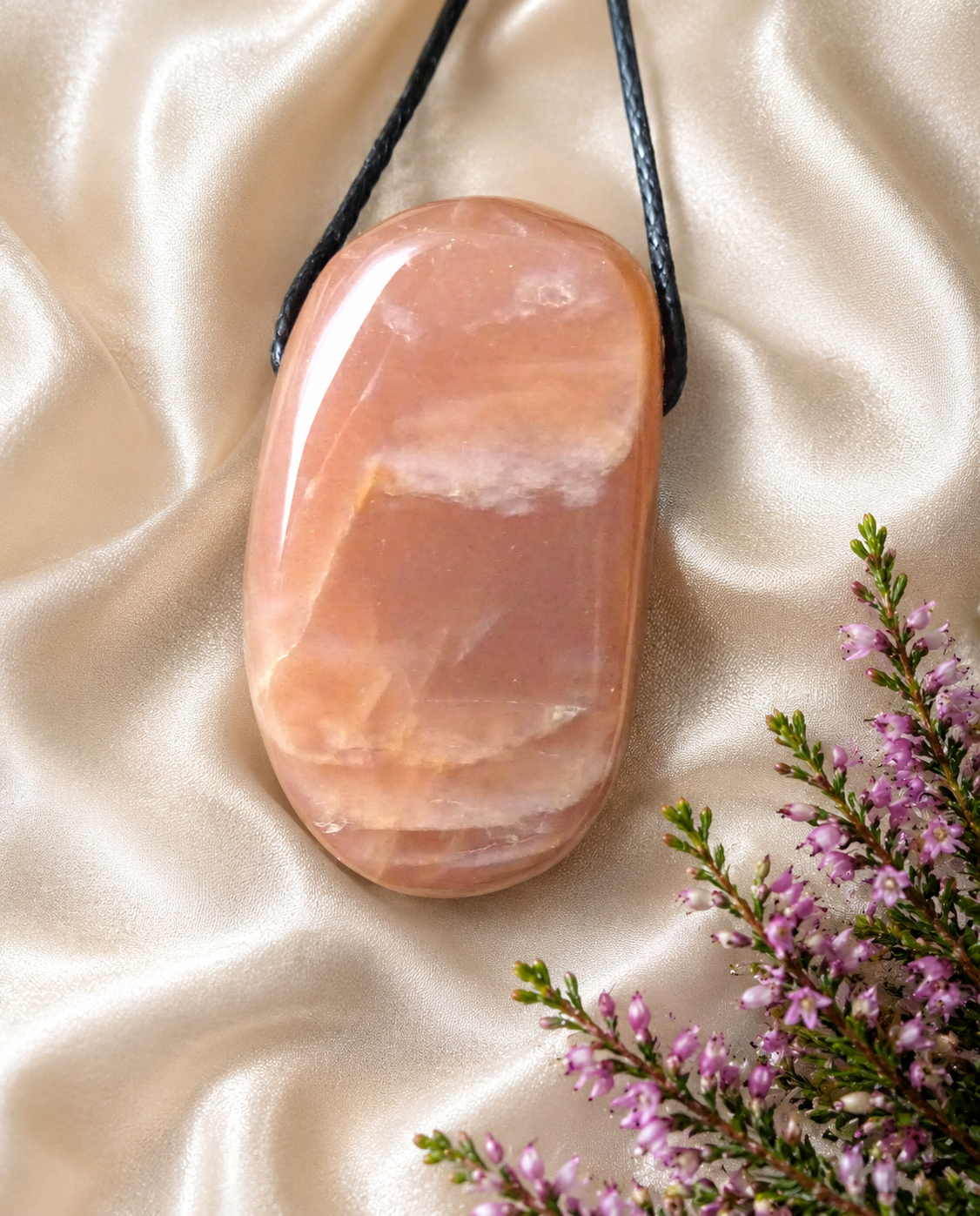 Mondstein Anhänger – Rosa Orange Silber Schimmer | Lochstein 35x20 mm | Unikat