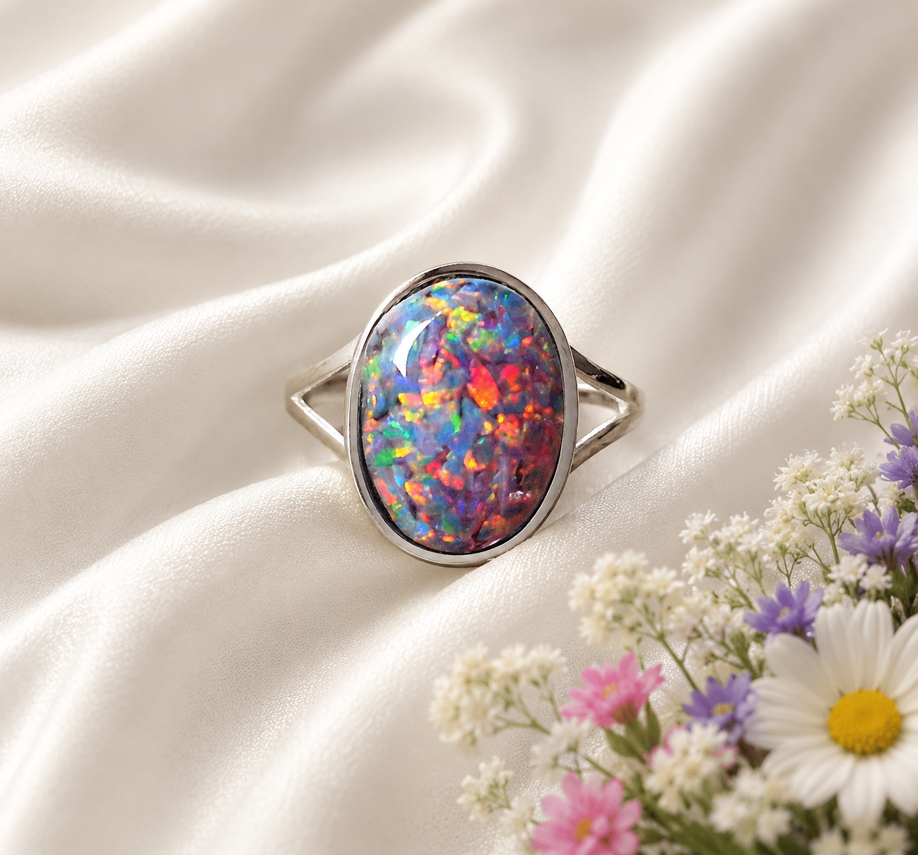 Silberring mit blau-rotem Regenbogenopal – Verstellbar | 925 Silber