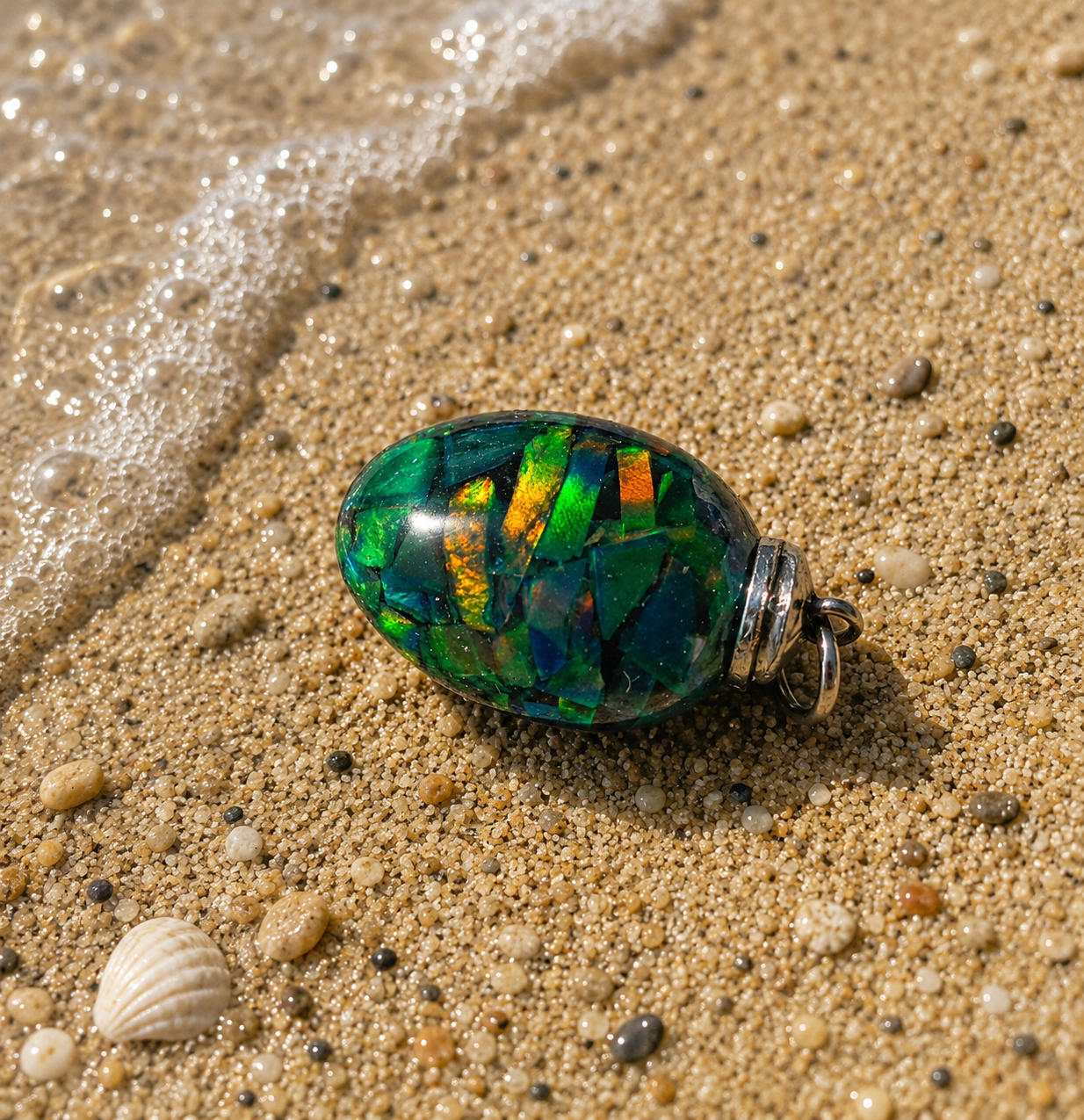 Synthetischer Opal Anhänger – Schimmerndes Farbspiel in Blau, Grün & Orange, 2,5 × 1,5 cm
