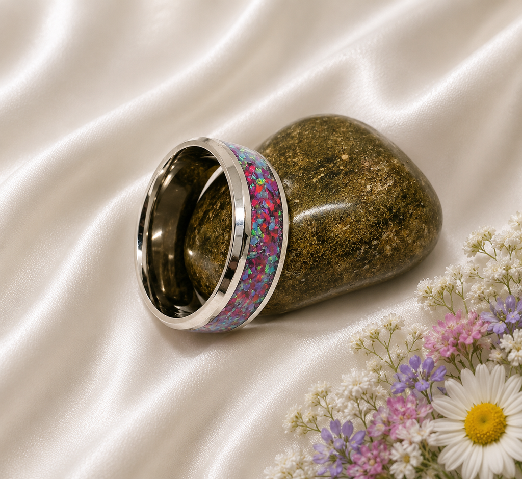 Edelstahlring mit Regenbogenopal – Rot & Violett