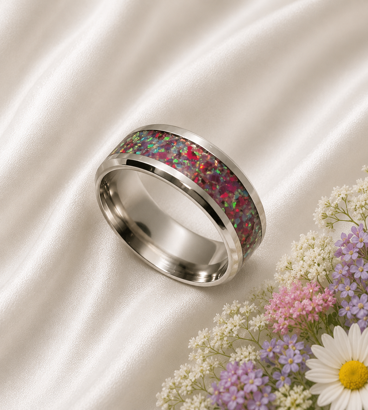 Edelstahlring mit Regenbogenopal – Rot & Violett