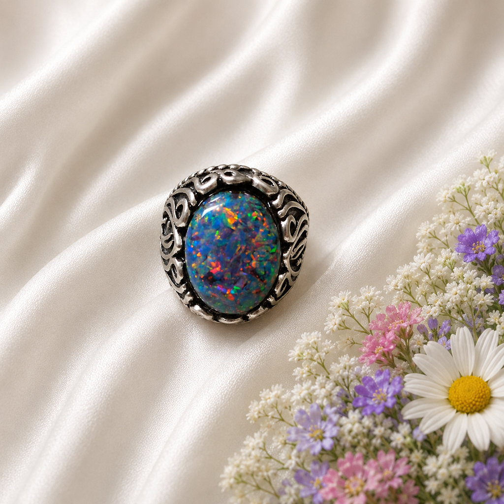 Elfenring mit Regenbogenopal – Verziert & Verstellbar