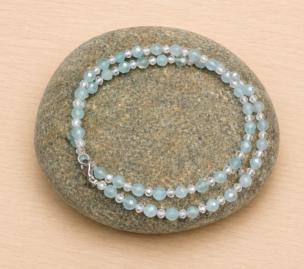 Aquamarin & Zirkon Kette – facettiert, 48 cm, deutsche Handarbeit