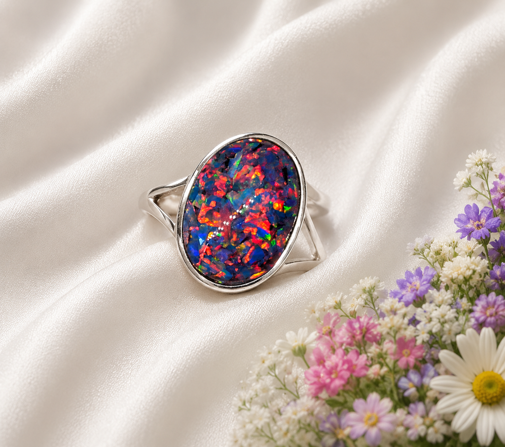 Silberring mit blau-rotem Regenbogenopal – Verstellbar | 925 Silber