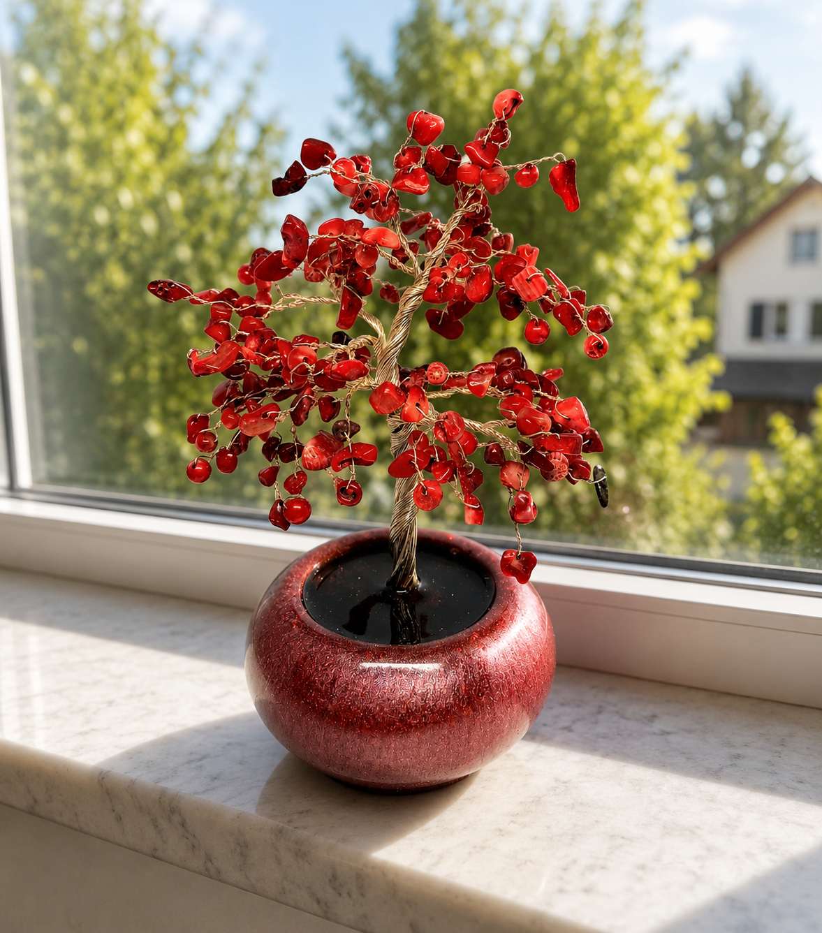 Koralle Glücksbäumchen – Edelsteinbaum aus echter roter Koralle | Handarbeit