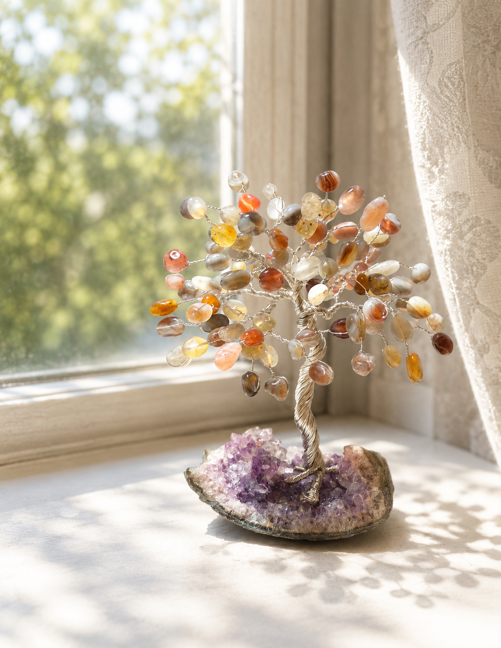 Achat Glücksbäumchen auf Amethyst – Edelsteinbaum | Deutsche Handarbeit