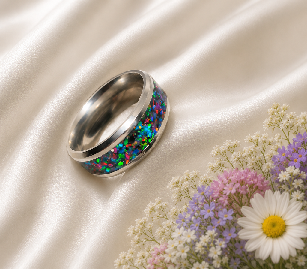 Edelstahlring mit Regenbogenopal – Rot, Blau & Grün