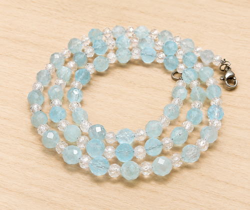 Aquamarin & Zirkon Kette – facettiert, 48 cm, deutsche Handarbeit