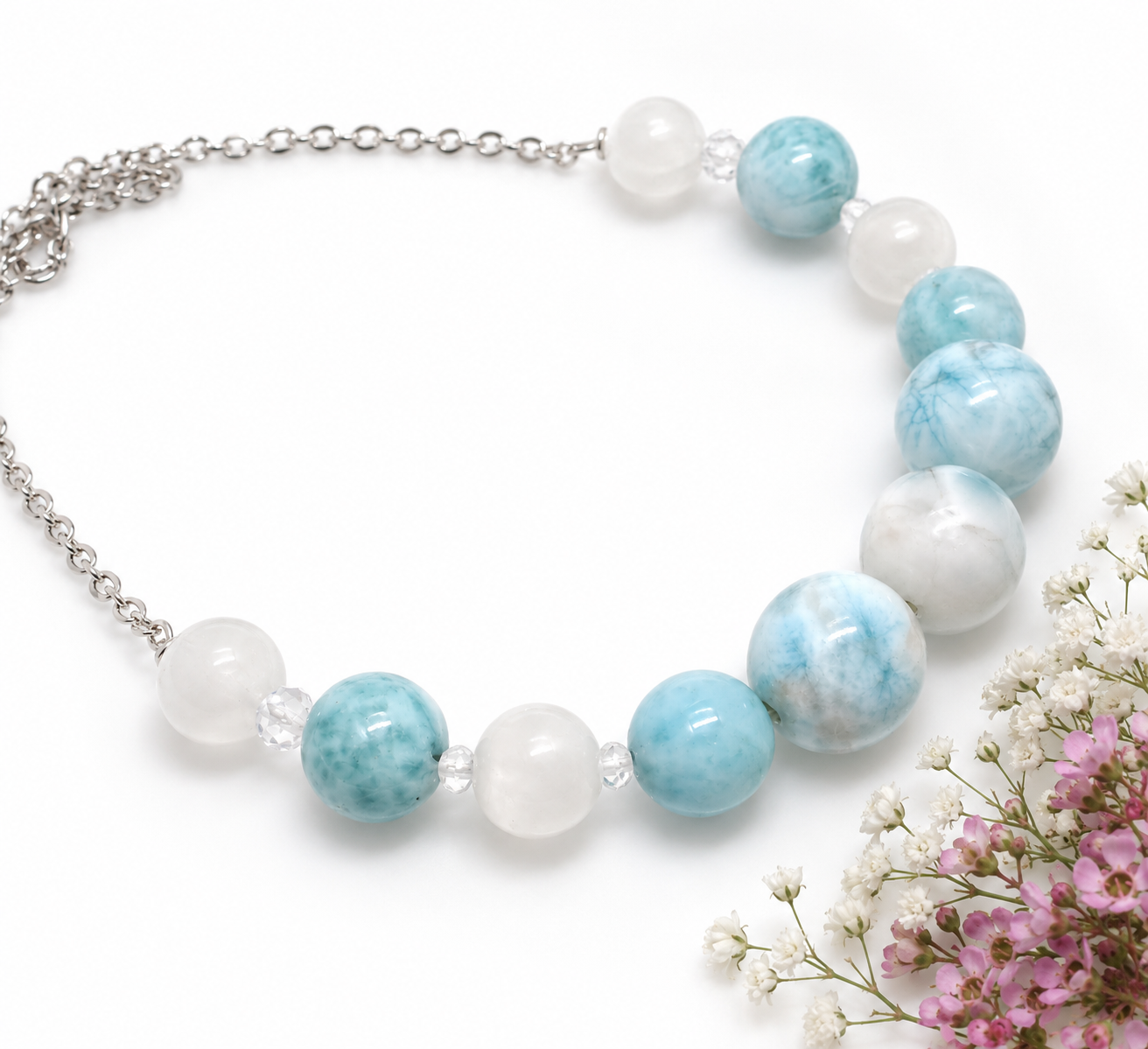 Larimar Halskette | Atlantiskette | Selenit & Zirkon | 54 cm | Handarbeit