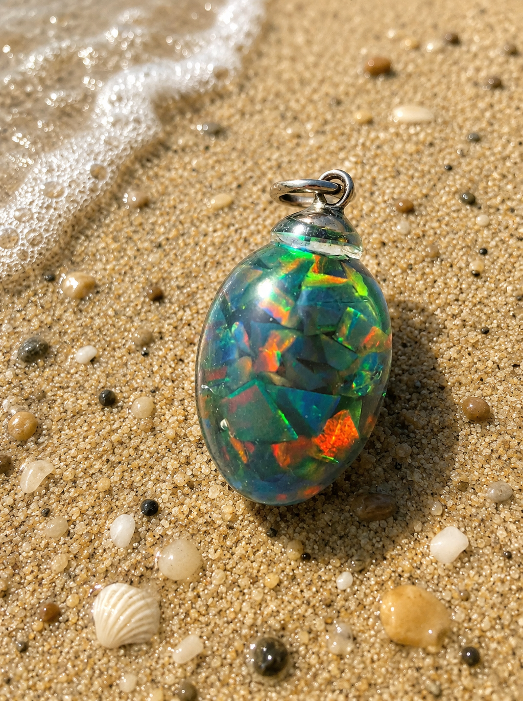 Synthetischer Opal Anhänger – Schimmerndes Farbspiel in Blau, Grün & Orange, 2,5 × 1,5 cm