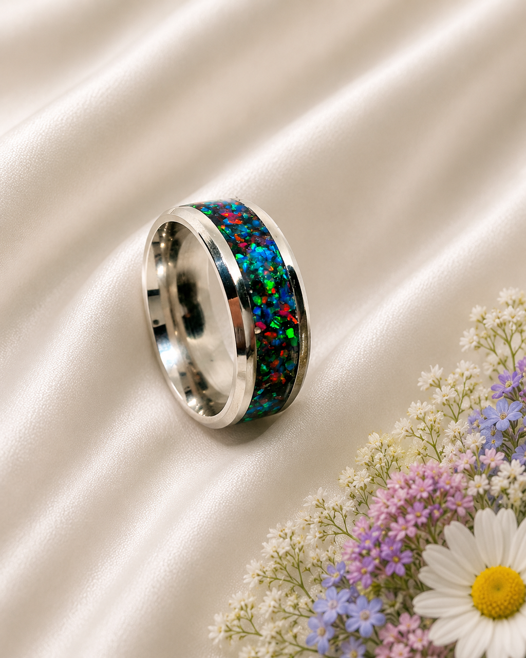 Edelstahlring mit Regenbogenopal – Rot, Blau & Grün