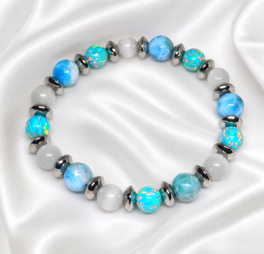 Larimar Armband | A++ Qualität | Selenit & Opal | 19 cm | Handarbeit