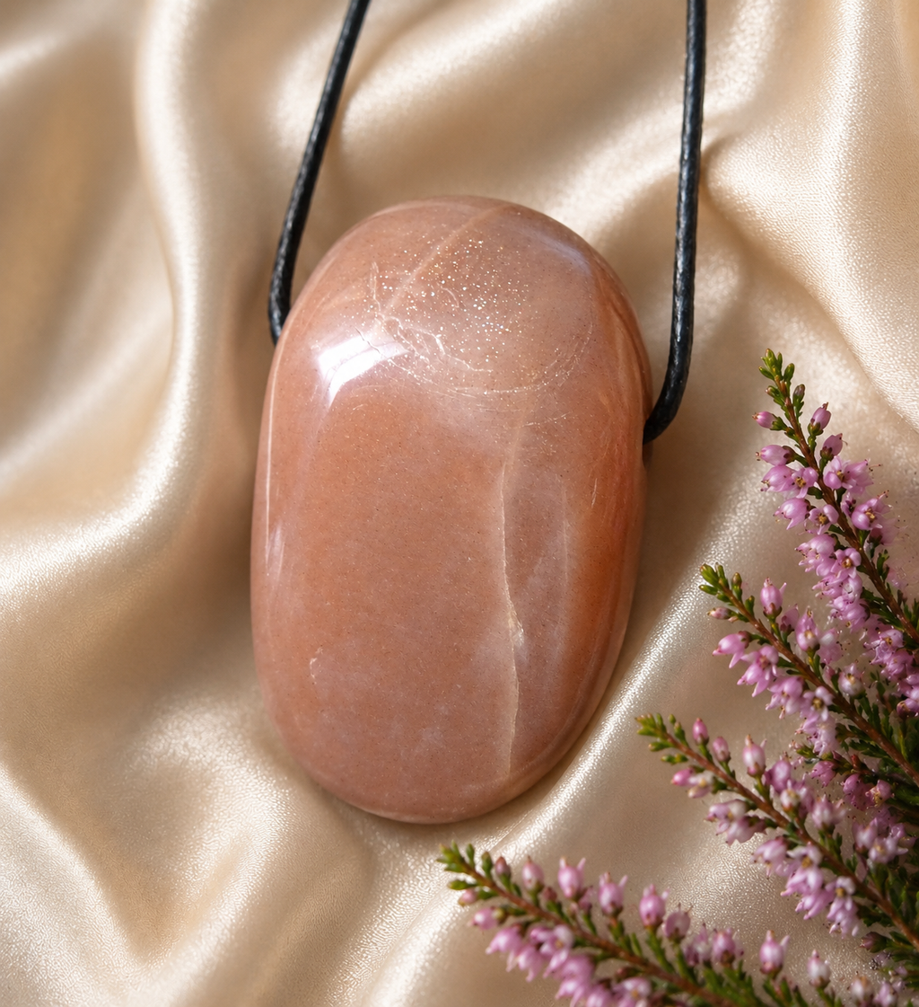 Mondstein Anhänger – Rosa Orange Silber Schimmer | Lochstein 35x20 mm | Unikat