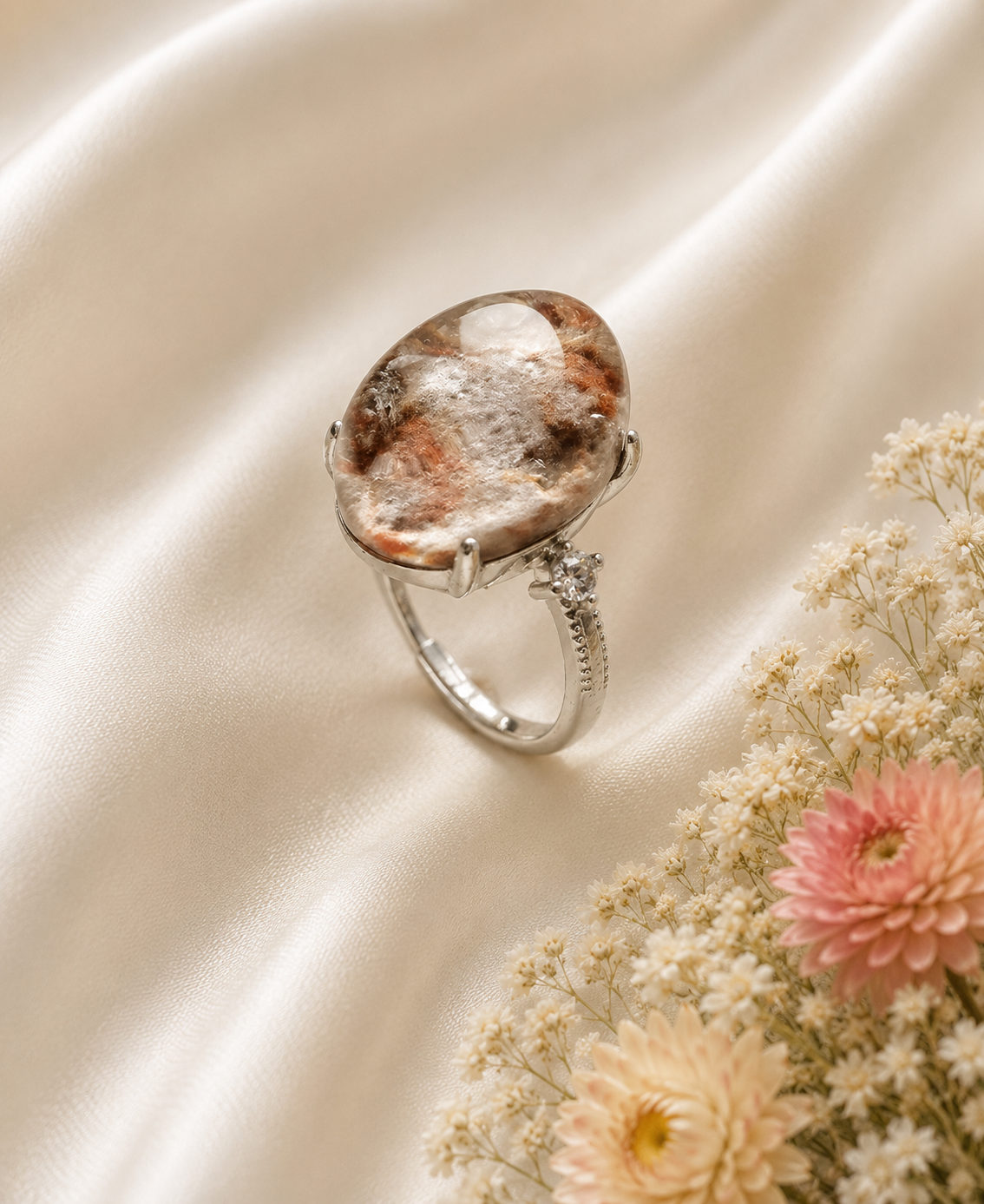 Edelstahlring mit braunem Phantomquarz-Cabochon – Lodolith | Verstellbar