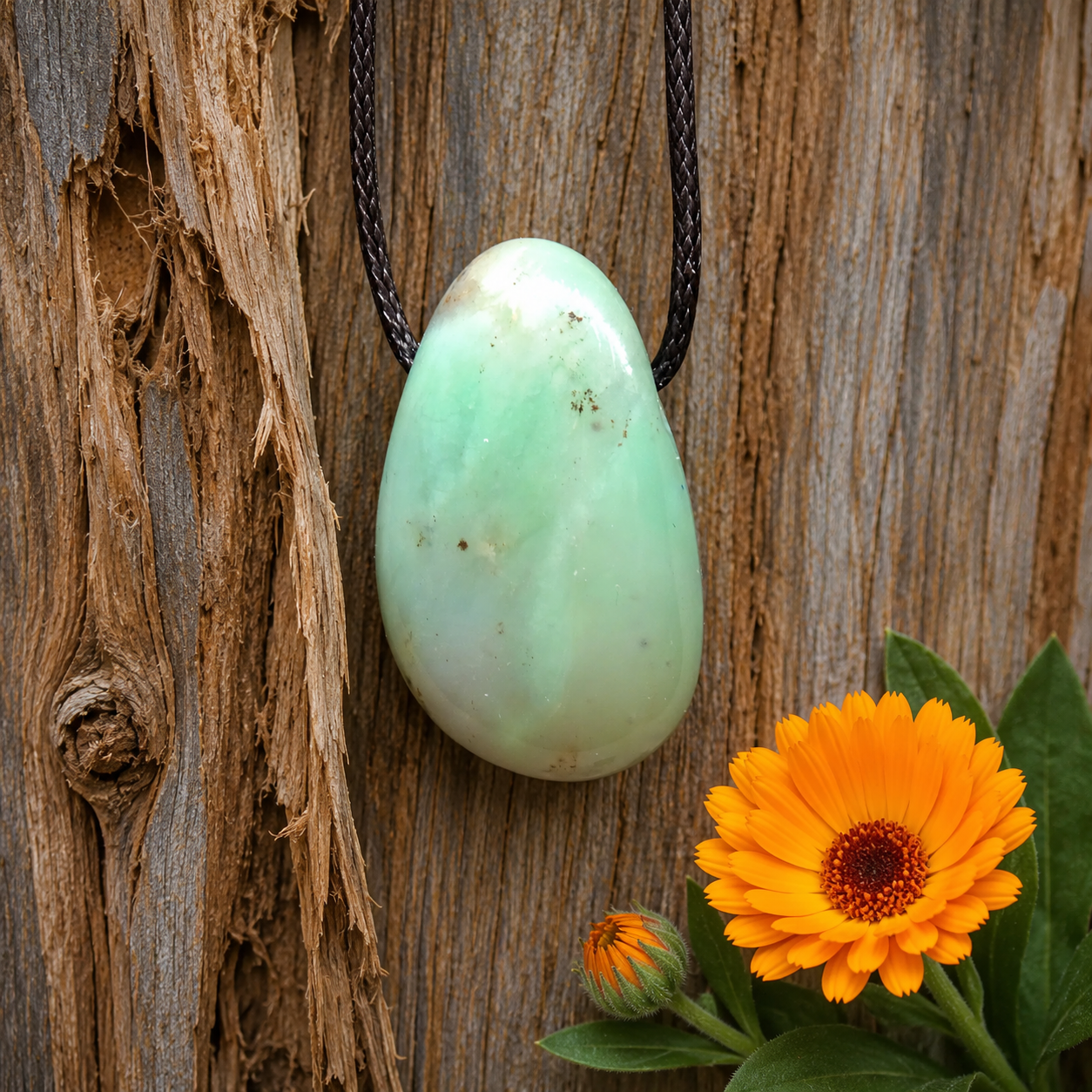 Chrysopras Anhänger mit schwarzem Band – Grüner Edelstein, 3 cm, Unikat
