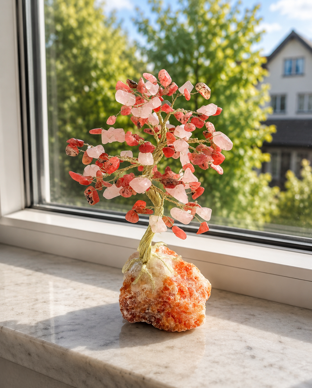 Liebesbaum – Rosenquarz & Rhodochrosit Edelsteinbaum | Deutsche Handarbeit