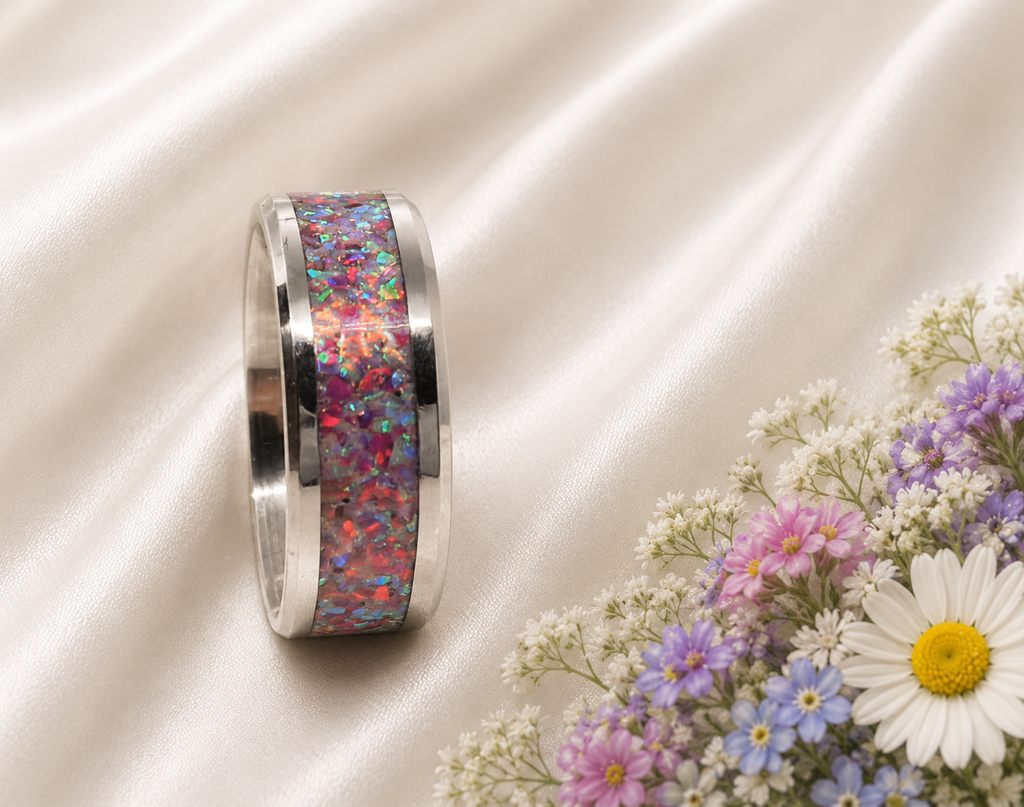 Edelstahlring mit Regenbogenopal – Rot & Violett