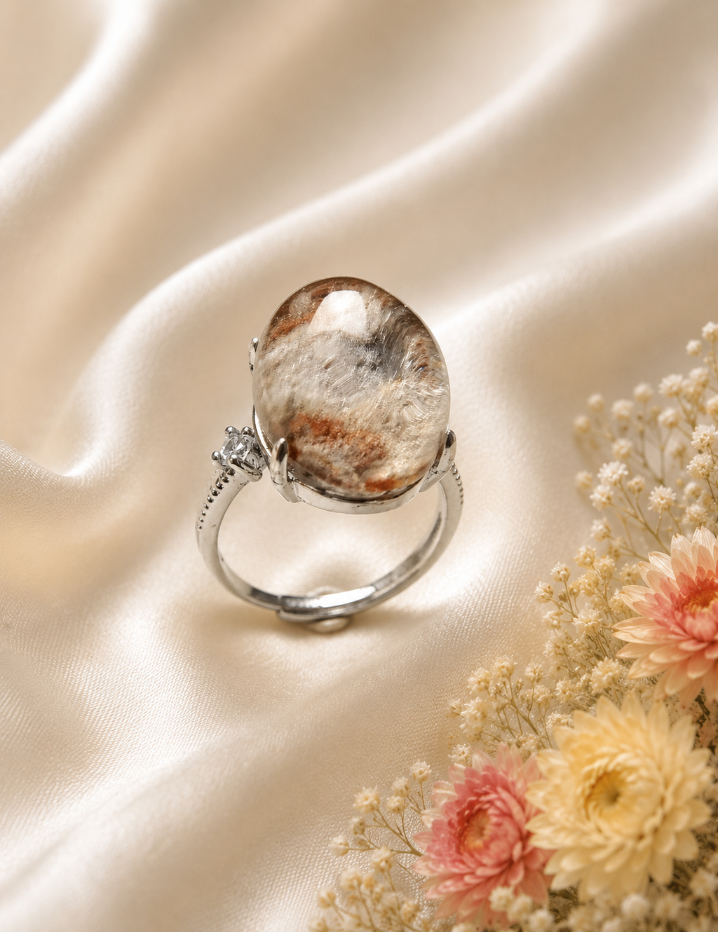 Edelstahlring mit braunem Phantomquarz-Cabochon – Lodolith | Verstellbar