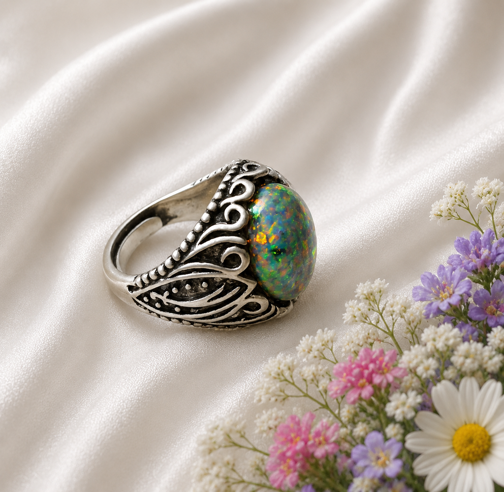 Elfenring mit Regenbogenopal – Verziert & Verstellbar