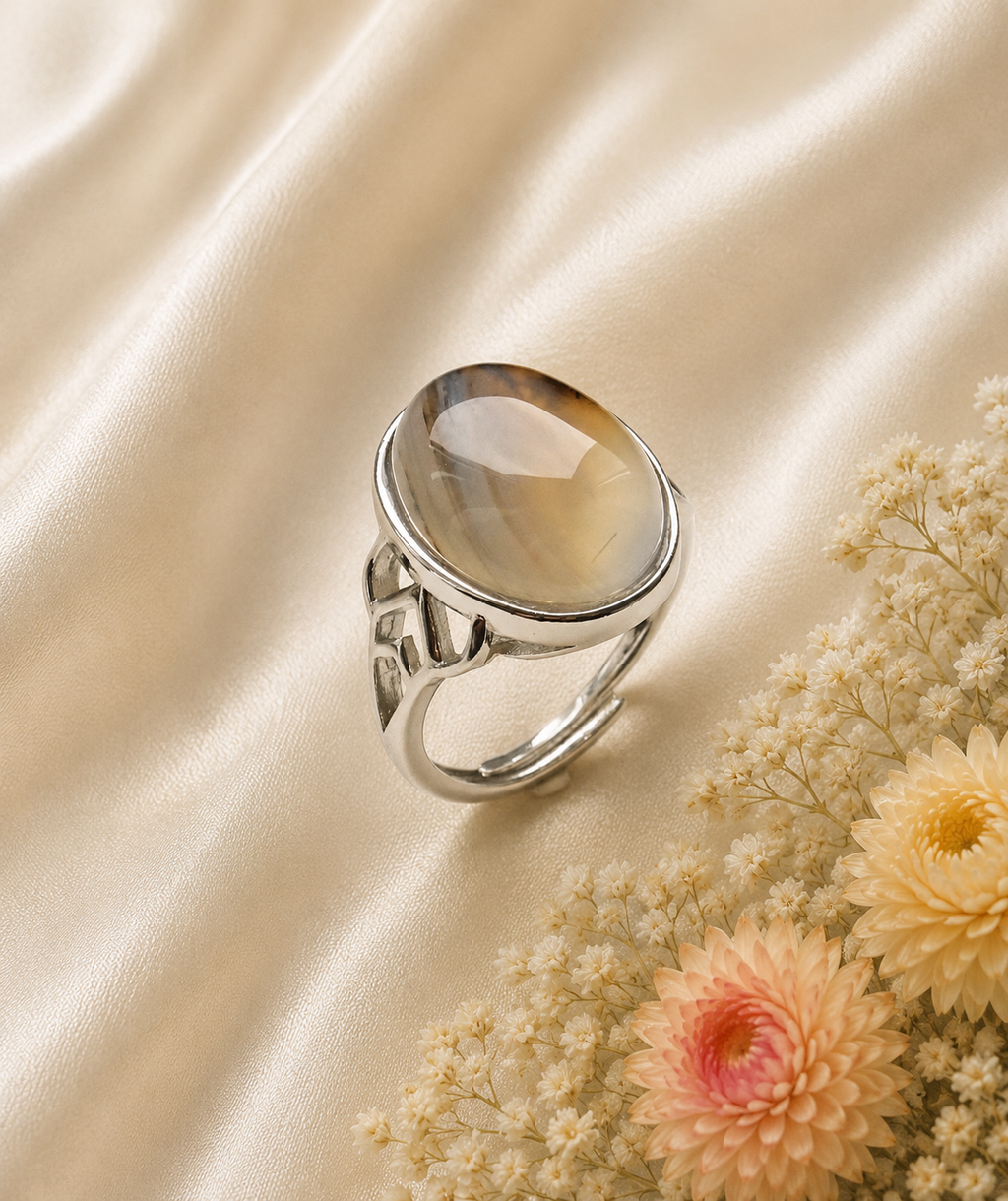 Edelstahlring mit braunem Achat-Cabochon – Naturstein | Verstellbar