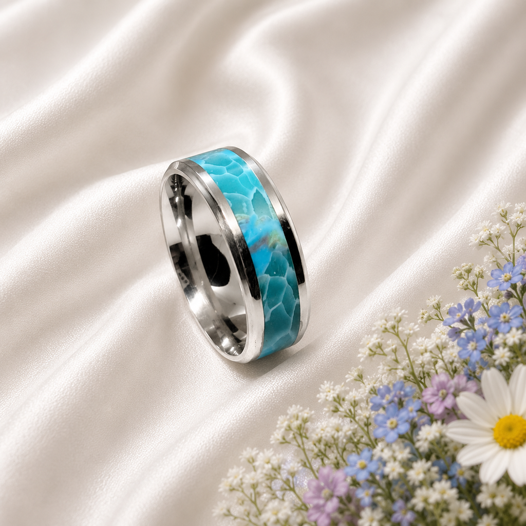Edelstahlring mit Larimar-Imitation – Karibisches Blau