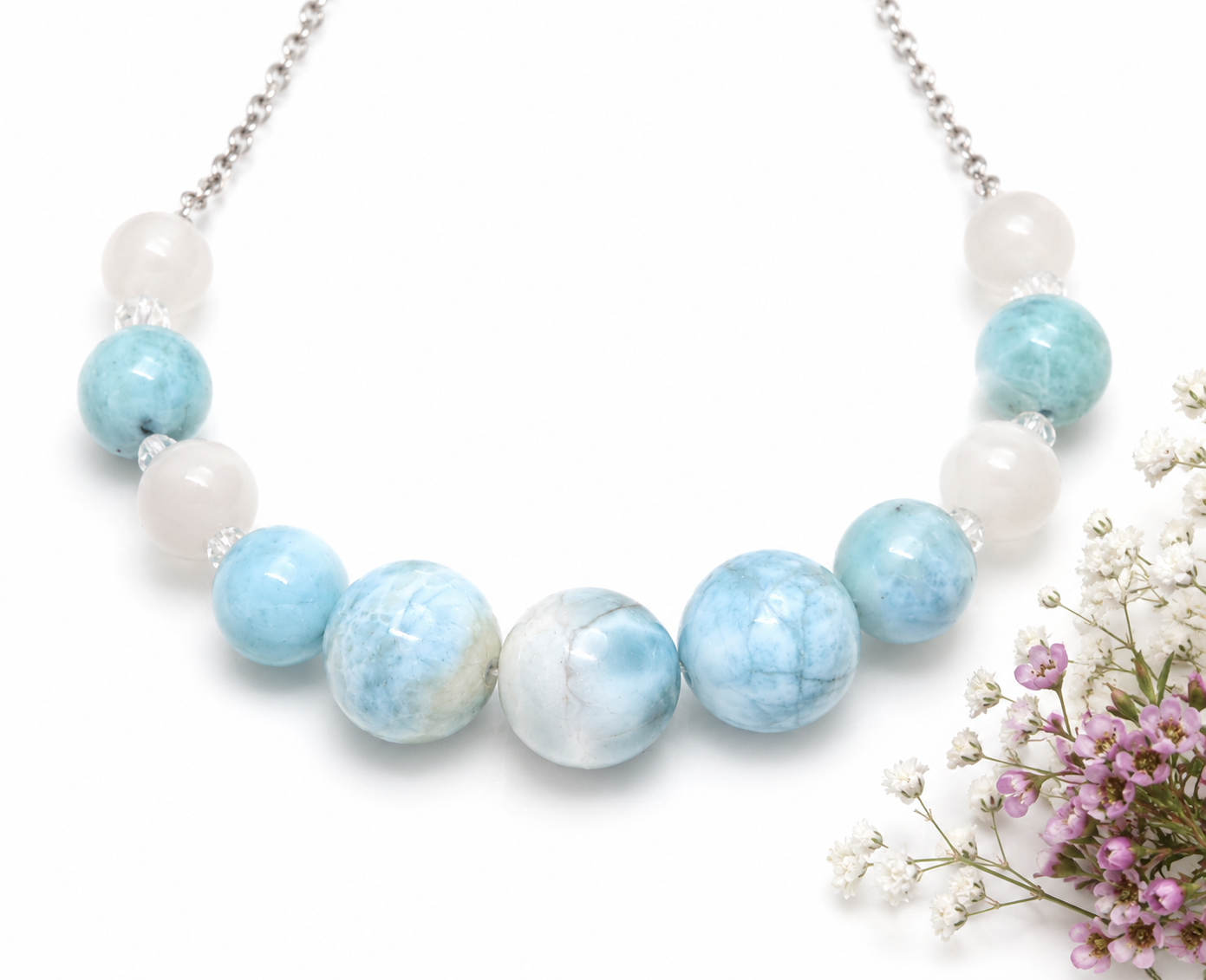 Larimar Halskette | Atlantiskette | Selenit & Zirkon | 54 cm | Handarbeit