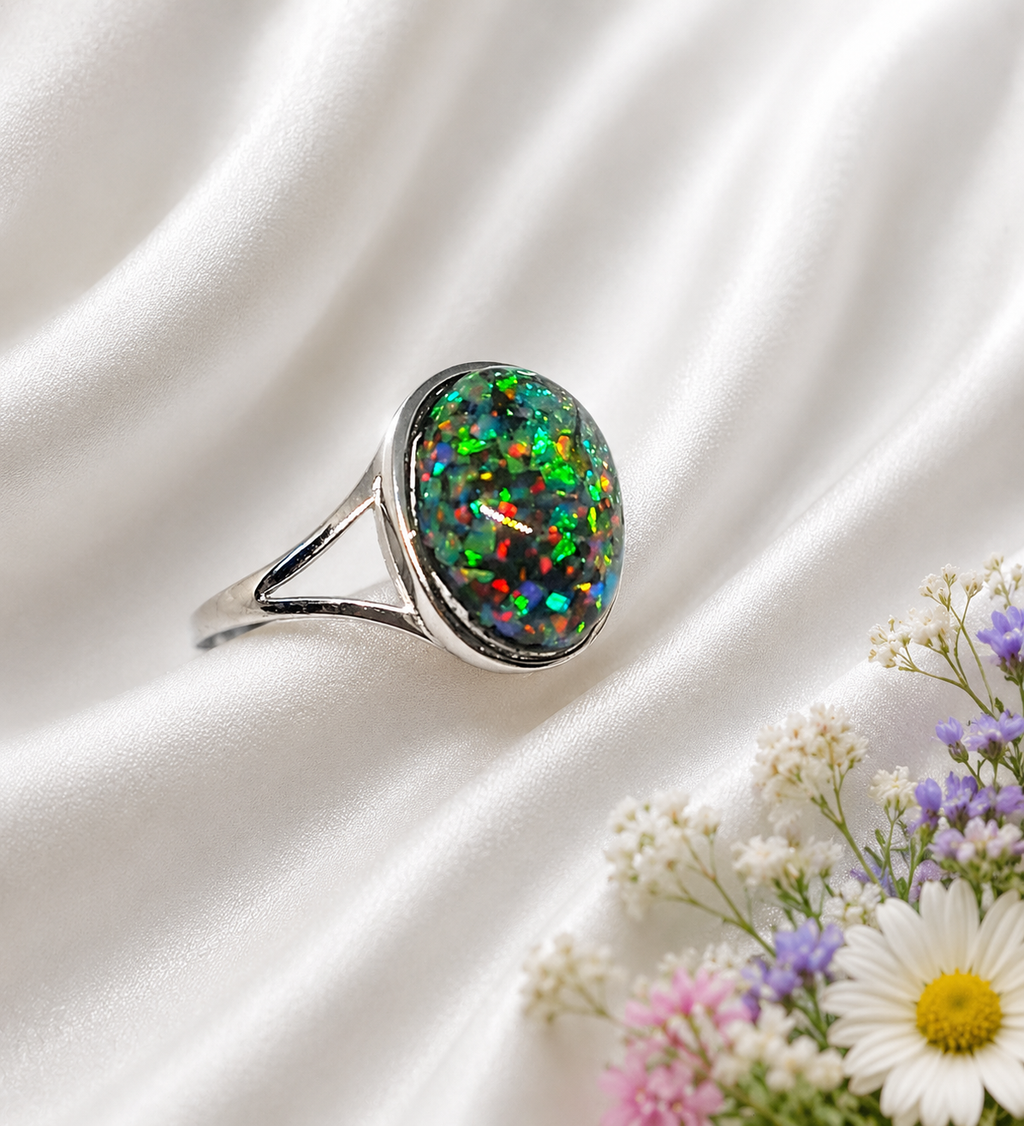 Silberring mit grünem Regenbogenopal – Verstellbar | 925 Silber