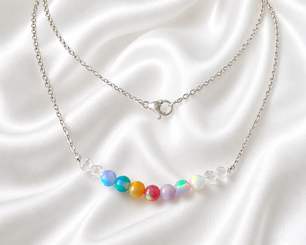 Regenbogen Aurora Opalkette | 5 mm Opalperlen | Irisierend | 57 cm