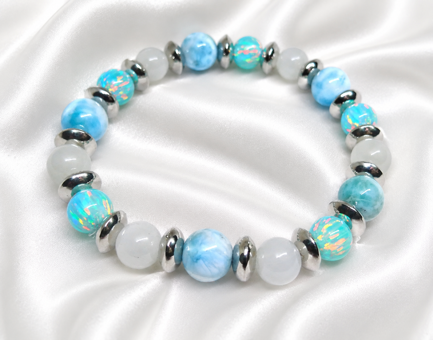 Larimar Armband | A++ Qualität | Selenit & Opal | 19 cm | Handarbeit