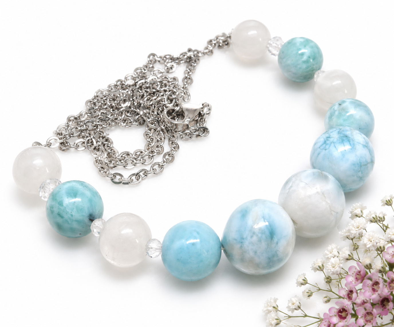 Larimar Halskette | Atlantiskette | Selenit & Zirkon | 54 cm | Handarbeit