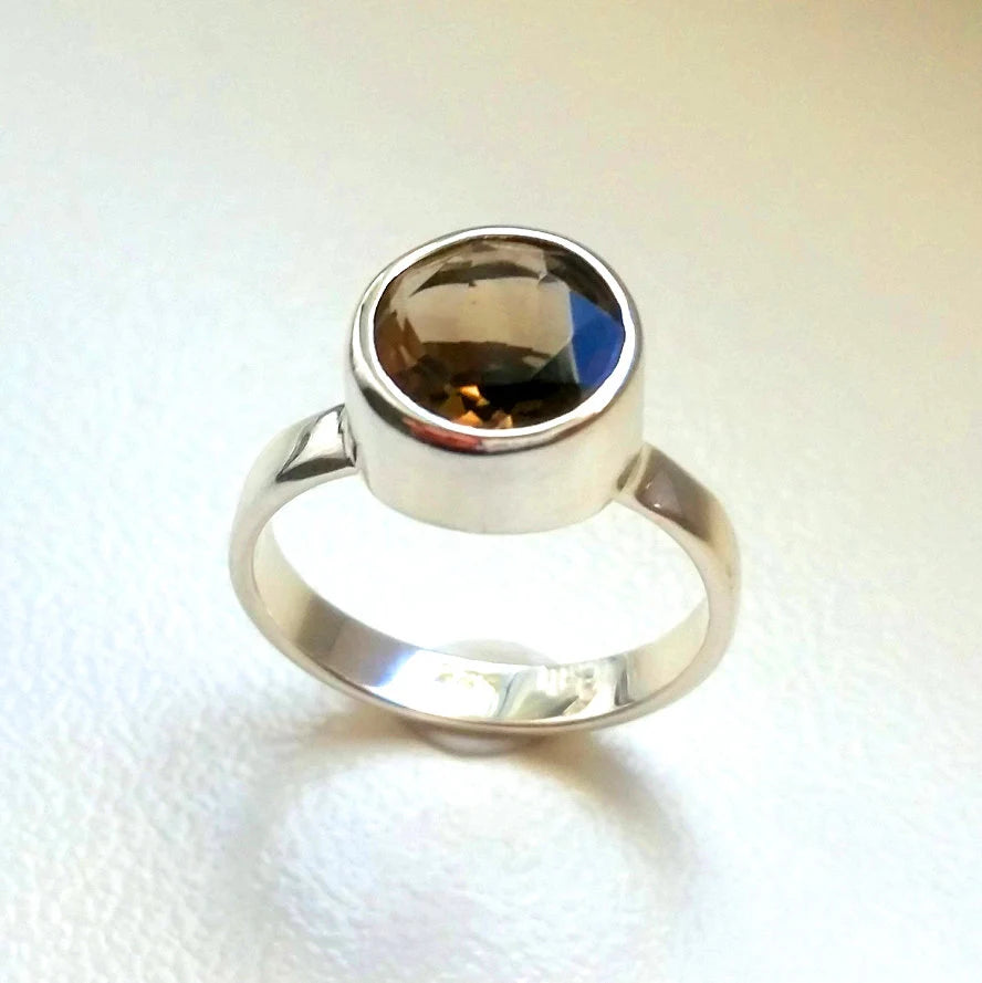 925 Silberring mit Rauchquarz – Solitärring | Rund Facettiert