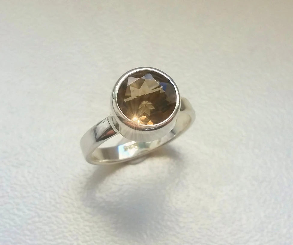 925 Silberring mit Rauchquarz – Solitärring | Rund Facettiert