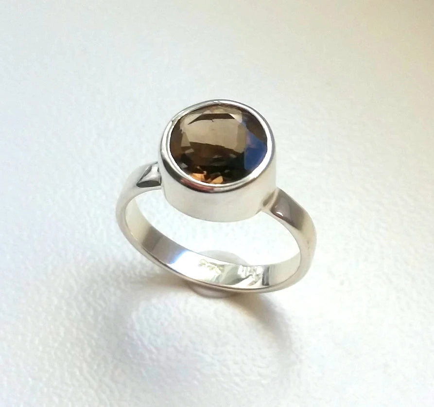 925 Silberring mit Rauchquarz – Solitärring | Rund Facettiert