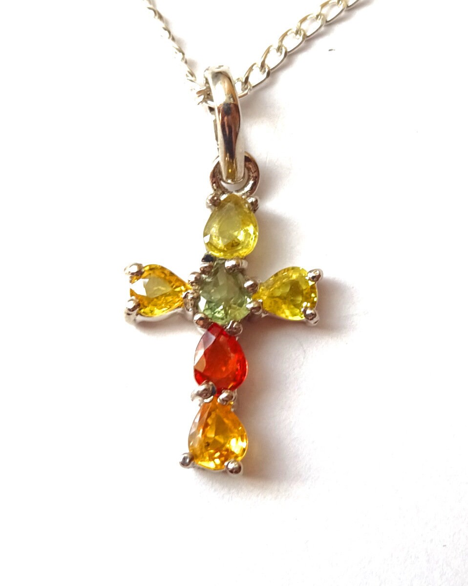 Multi-Saphir Kreuz Anhänger 925 Silber – 6 bunte Saphire, deutsche Handarbeit