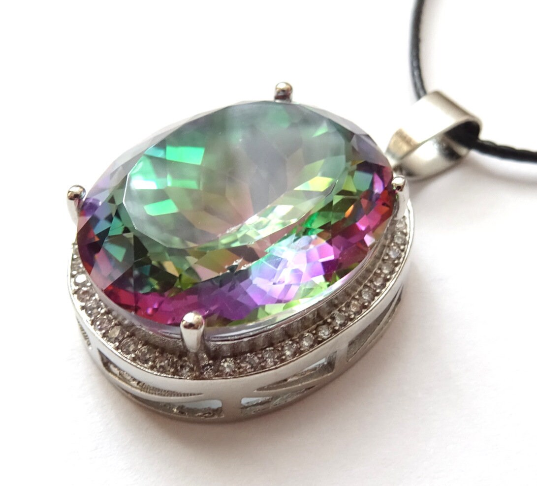 Mystic Topaz Anhänger 925 Silber – Violett-Grün, Facettiert, inkl. Band