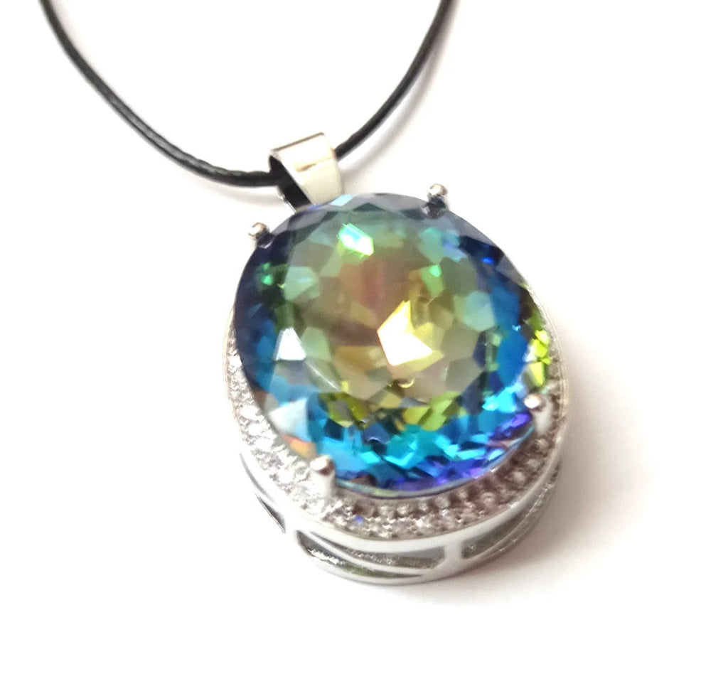Mystic Topaz Zirkon Anhänger facettiert – 925 Silber mit Band, 40×21 mm
