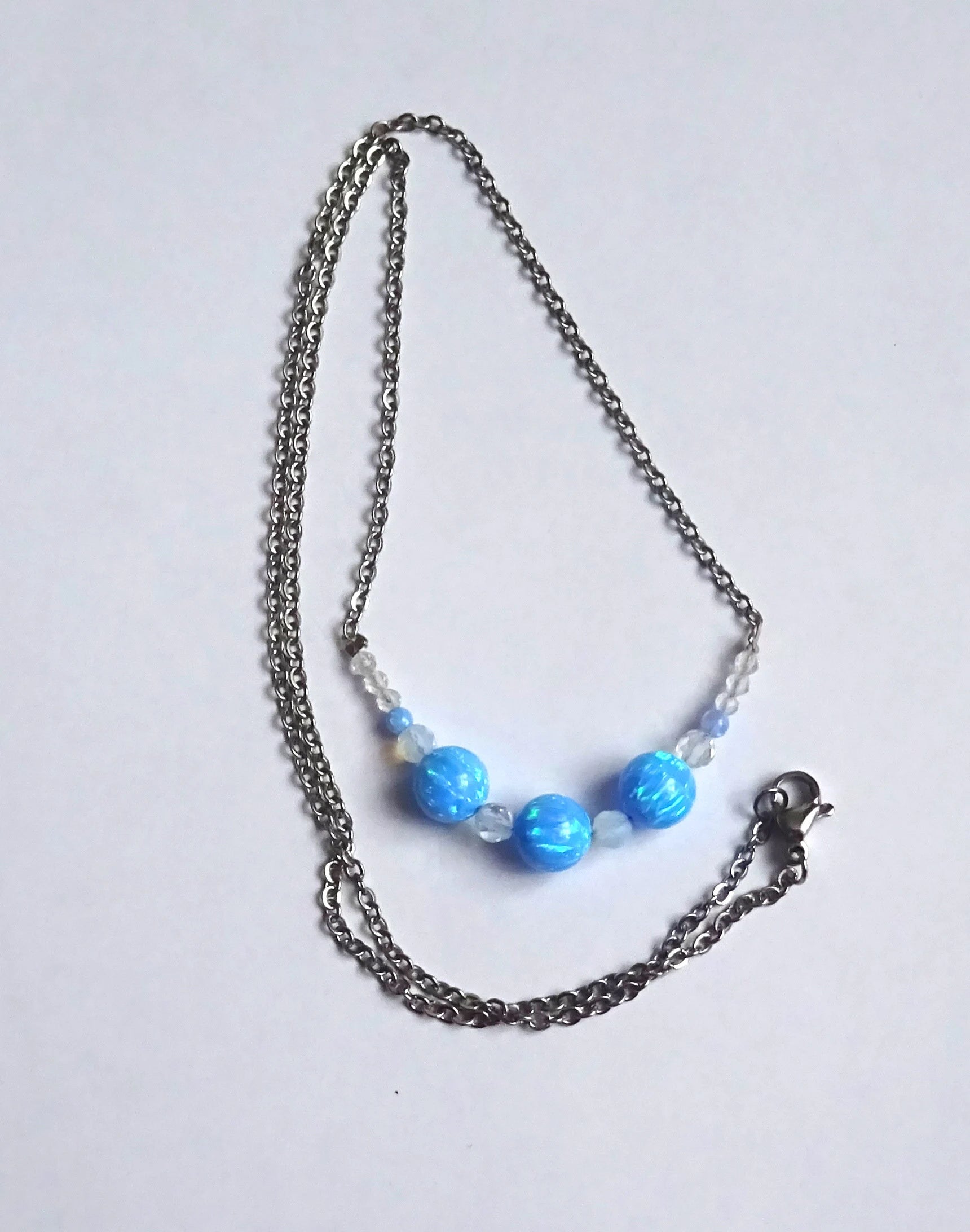 Opalperlen Kette – synthetischer Opal, Zirkon & Opalith, 52 cm, Edelstahl