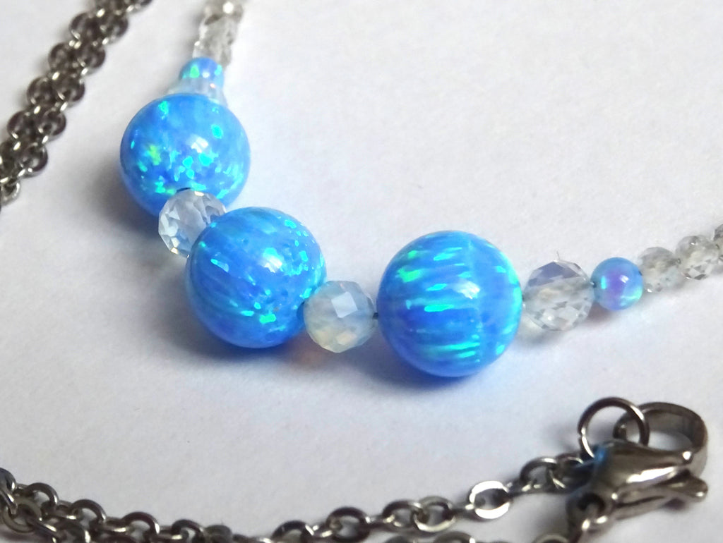 Opalperlen Kette – synthetischer Opal, Zirkon & Opalith, 52 cm, Edelstahl