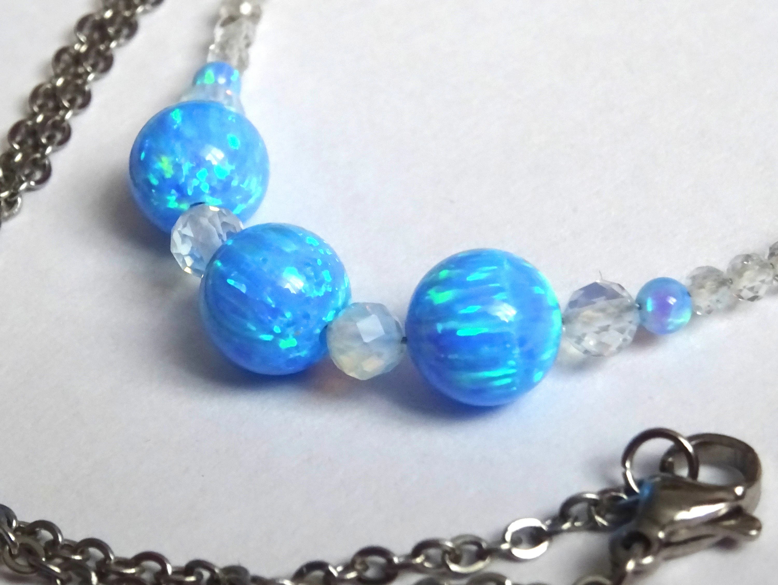 Opalperlen Kette – synthetischer Opal, Zirkon & Opalith, 52 cm, Edelstahl