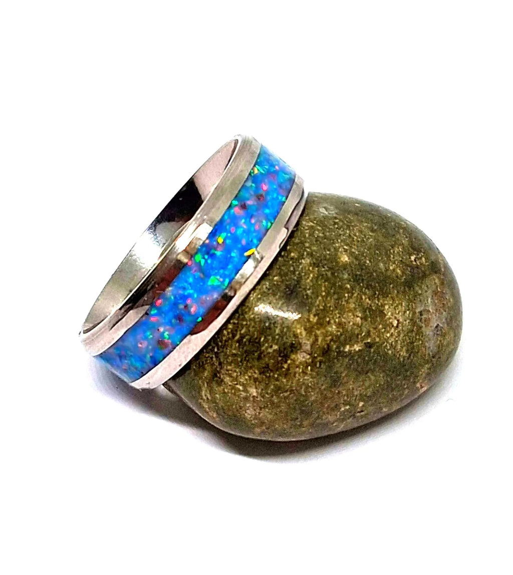 Edelstahlring mit Regenbogenopal – Blau