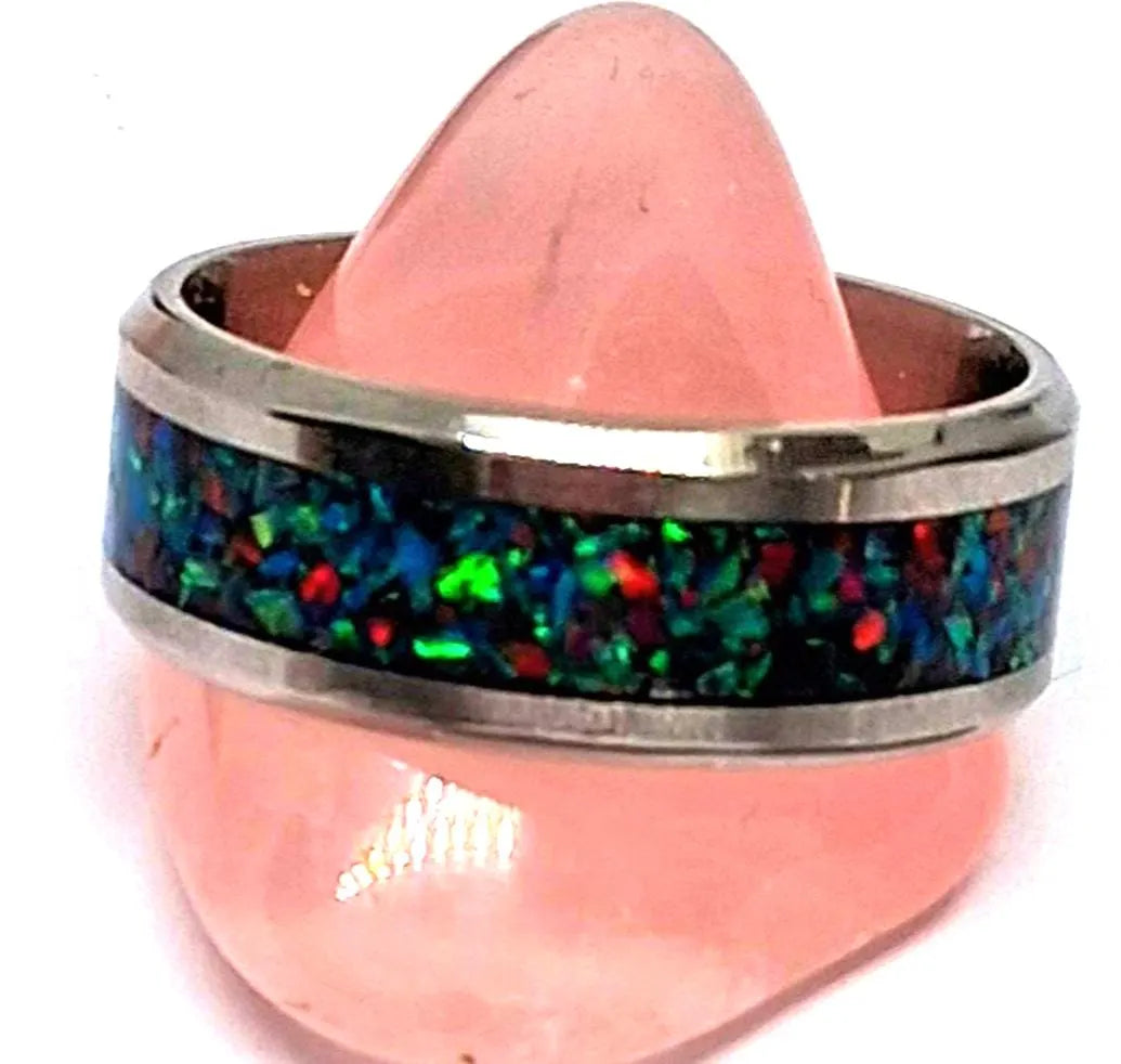 Edelstahlring mit Regenbogenopal – Blau, Grün & Rot