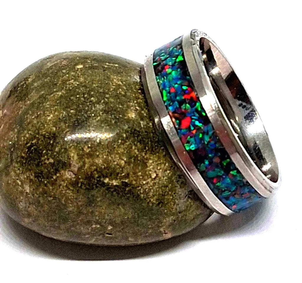 Edelstahlring mit Regenbogenopal – Blau, Grün & Rot
