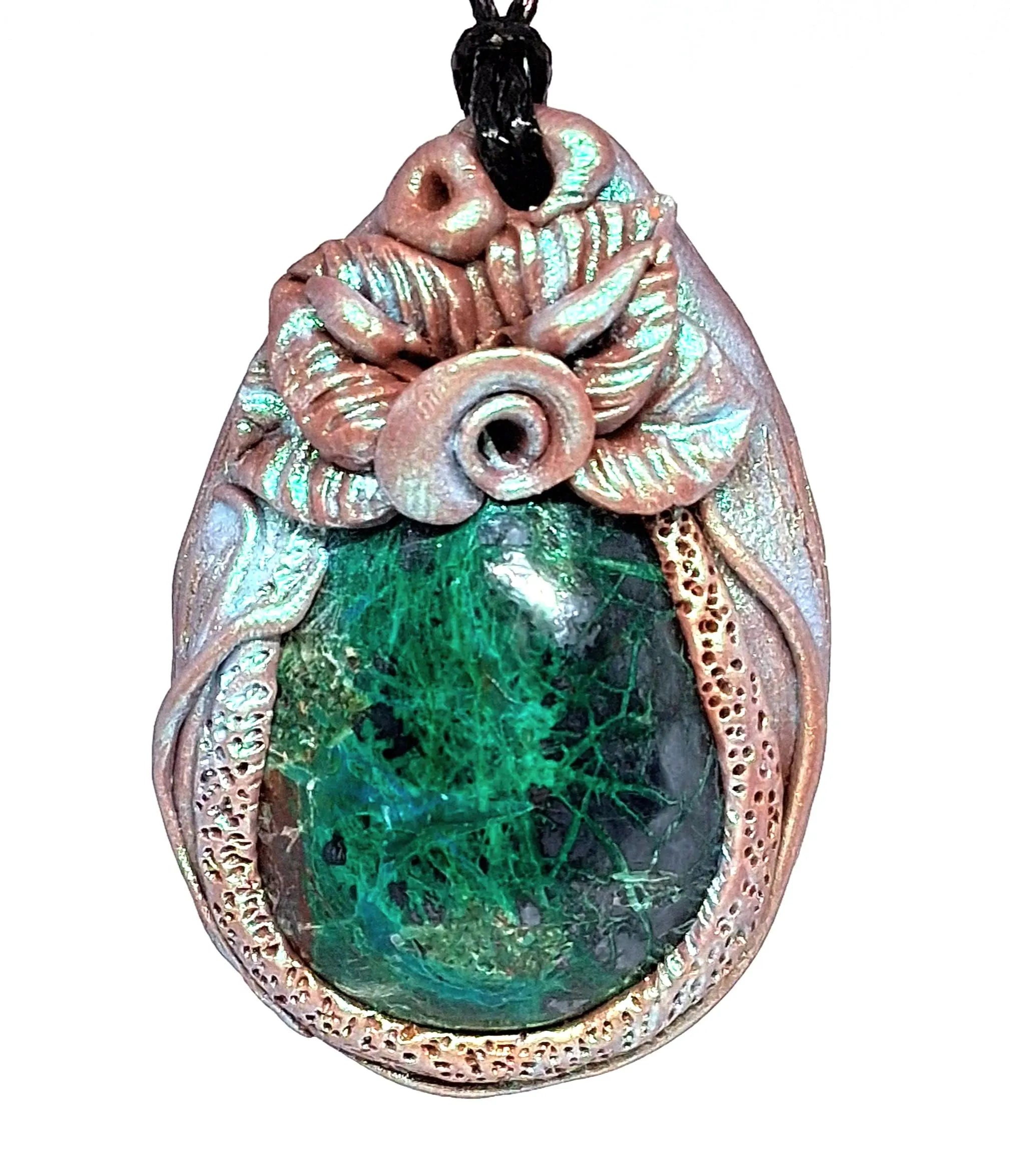Chrysokoll-Malachit Anhänger – Handmade, Ton-Fassung, 5,5×3,3 cm